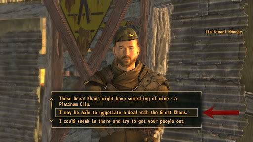 The correct dialogue choice to negotiate with the Great Khans | Fallout: New Vegas