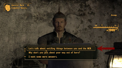 Dialogue option that leads to resolving the quest | Fallout: New Vegas