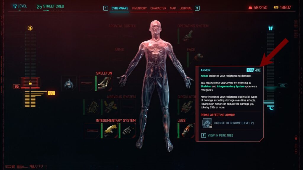Total armor value indicator in the cyberware menu. | Cyberpunk 2077