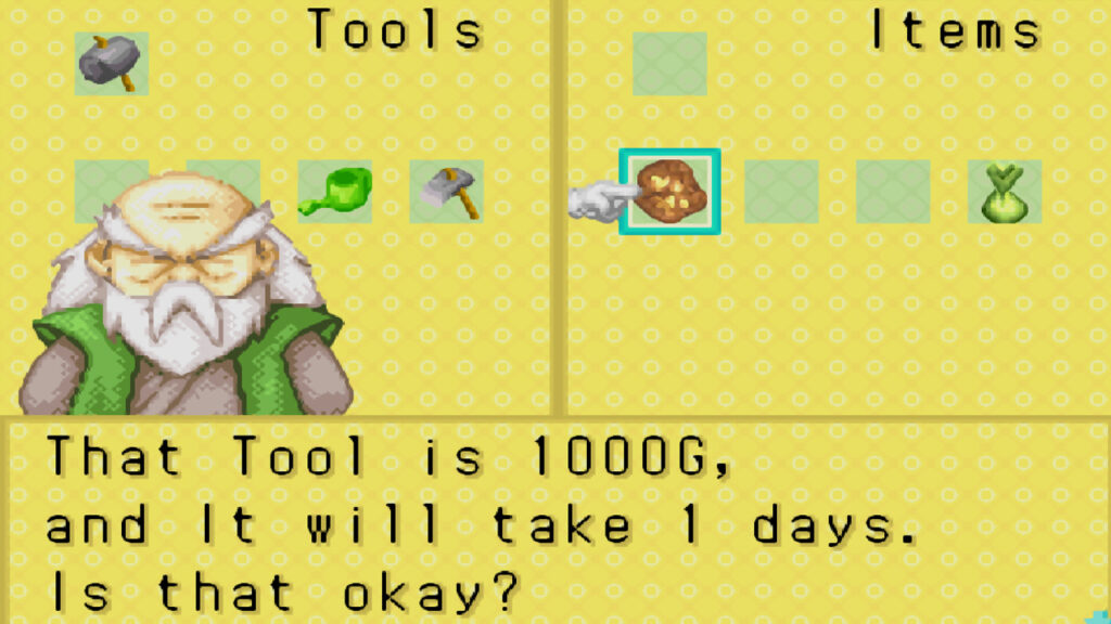 Saibara will upgrade your tool for a fee | Harvest Moon: Friends of Mineral Town