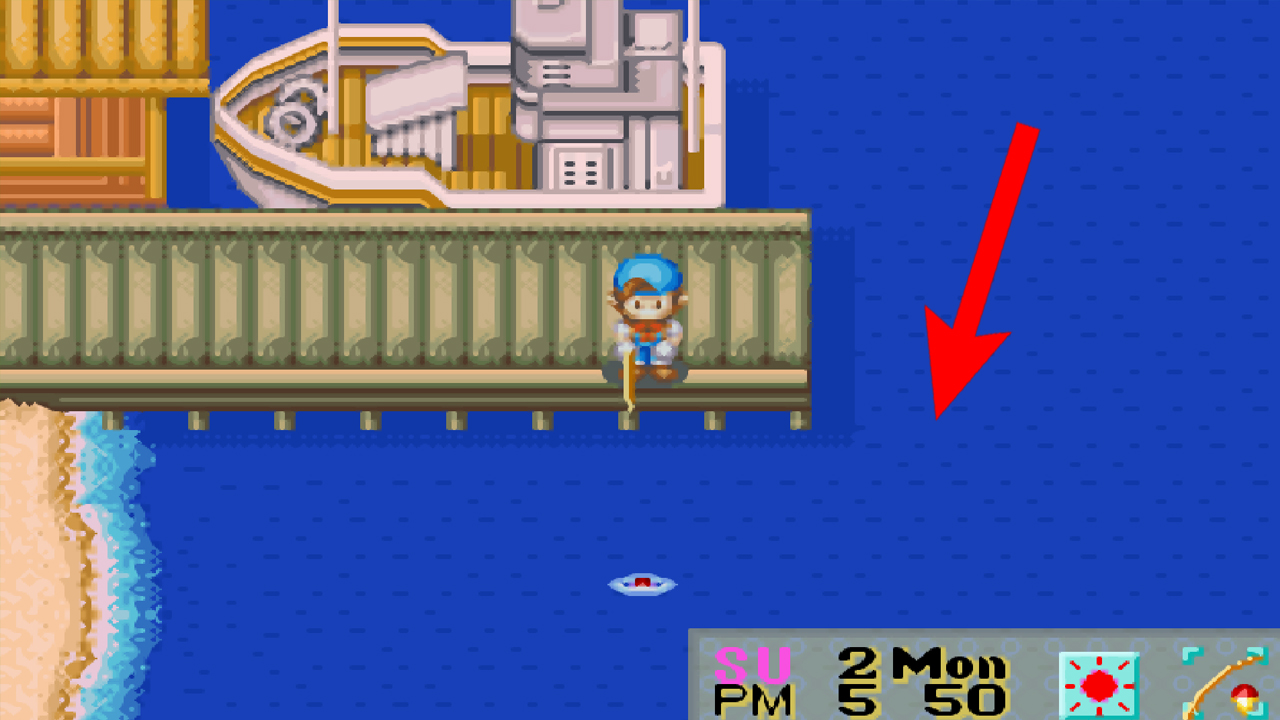 Location of a fishing spot at the beach | Harvest Moon: Friends of Mineral Town