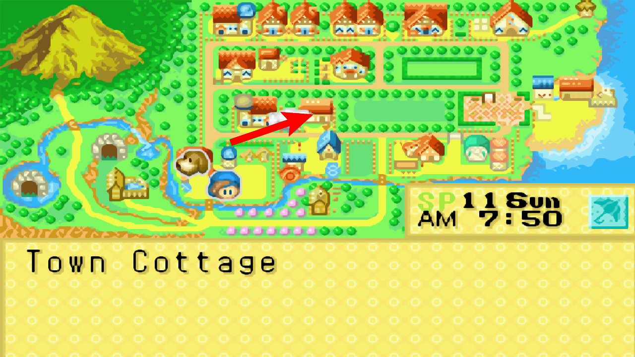 Location of the town cottage in the world map | Harvest Moon: Friends of Mineral Town
