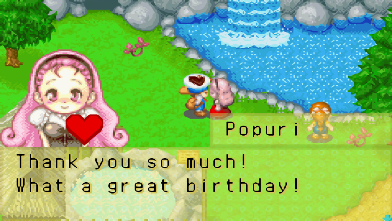 The player gives Popuiri a birthday gift | Harvest Moon: Friends of Mineral Town