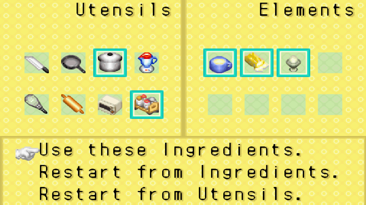 View of the cooking interface | Harvest Moon: Friends of Mineral Town