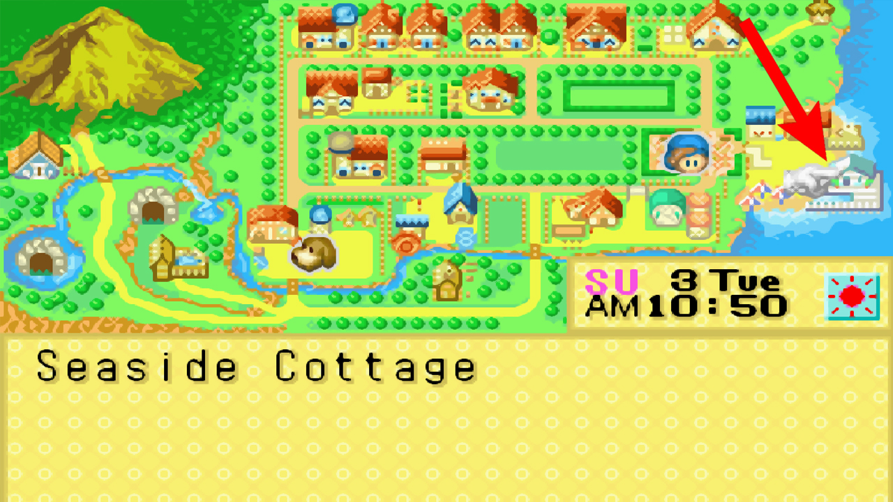 The seaside cottage’s location on the world map | Harvest Moon: Friends of Mineral Town