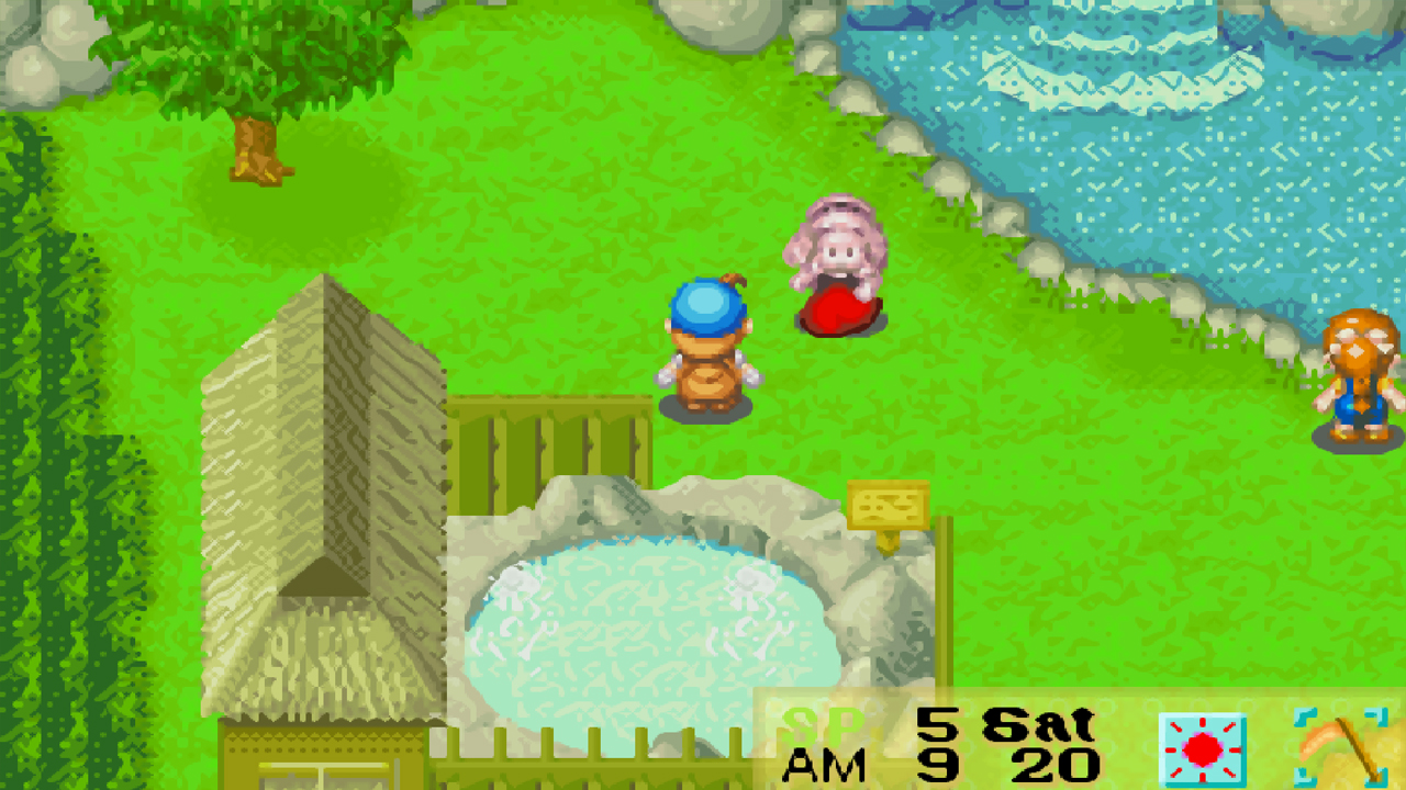 You can find Popuri at the hot springs area every day | Harvest Moon: Friends of Mineral Town