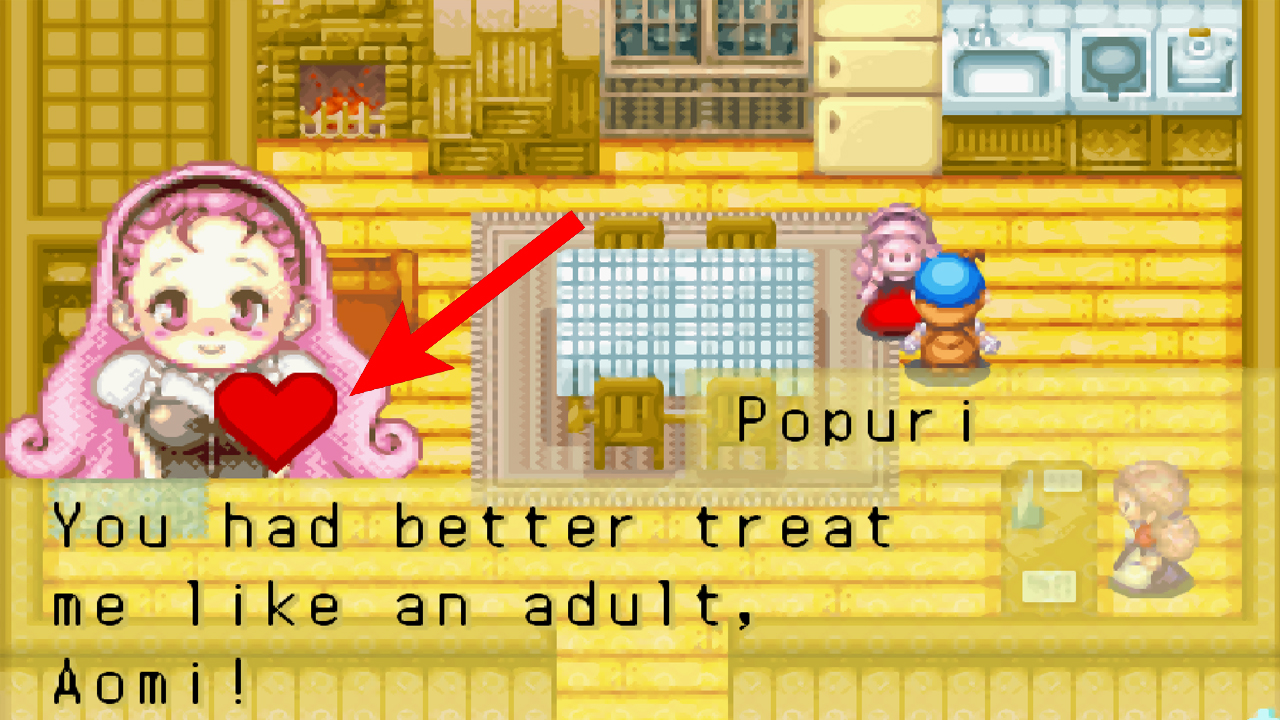 Popuri’s affection level, represented by a heart | Harvest Moon: Friends of Mineral Town