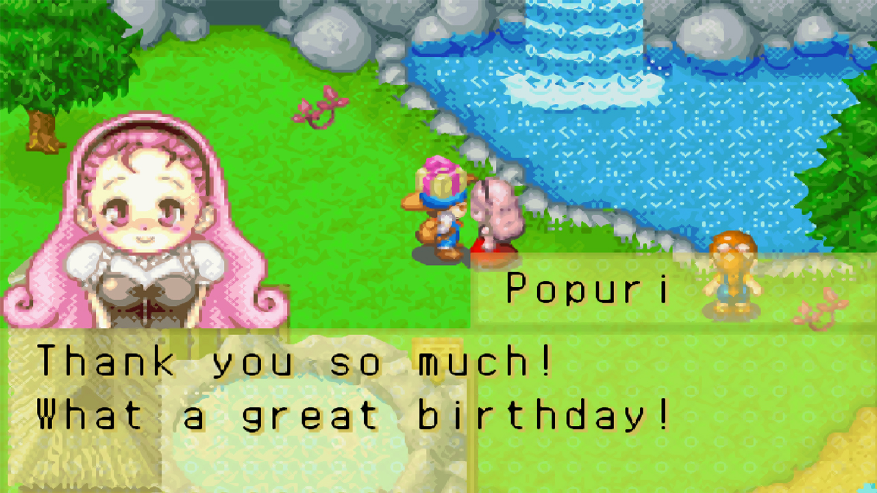 Giving a birthday present to Popuri | Harvest Moon: Friends of Mineral Town