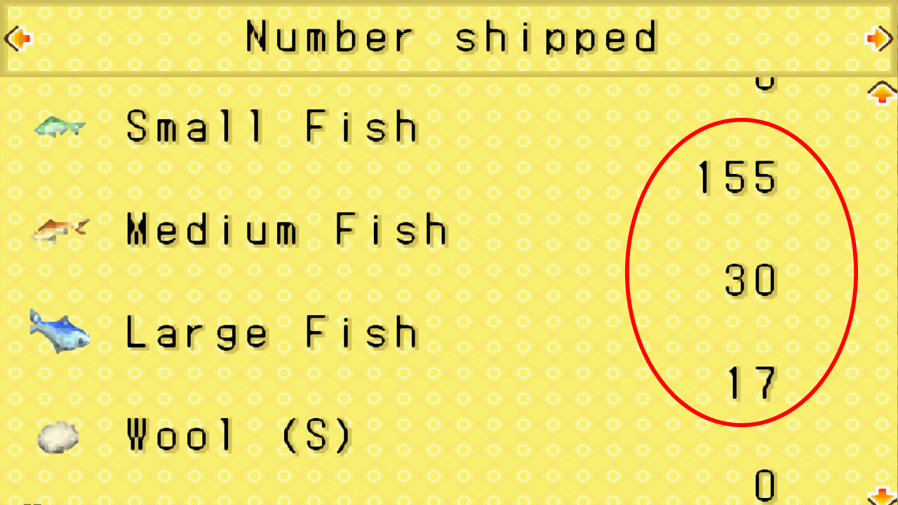 A window showing the total number of shipped fish | Harvest Moon: Friends of Mineral Town