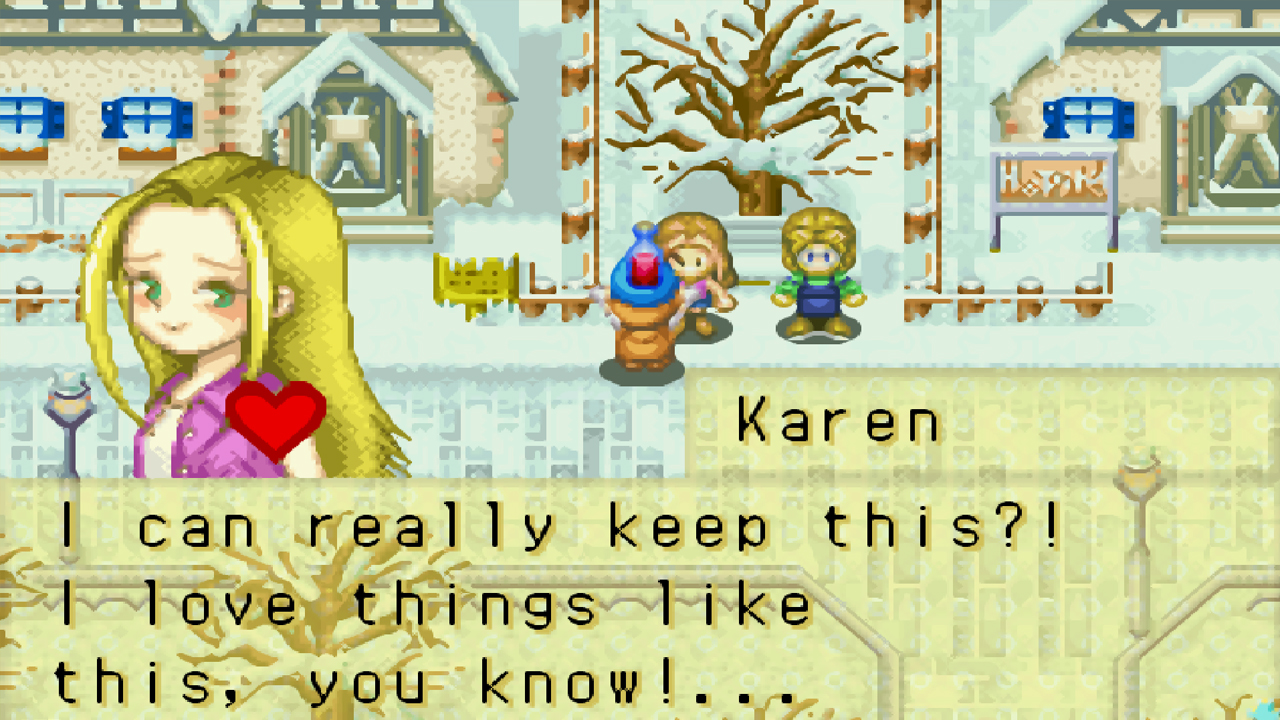 Karen receives a bottle of wine, one of her loved gifts | Harvest Moon: Friends of Mineral Town