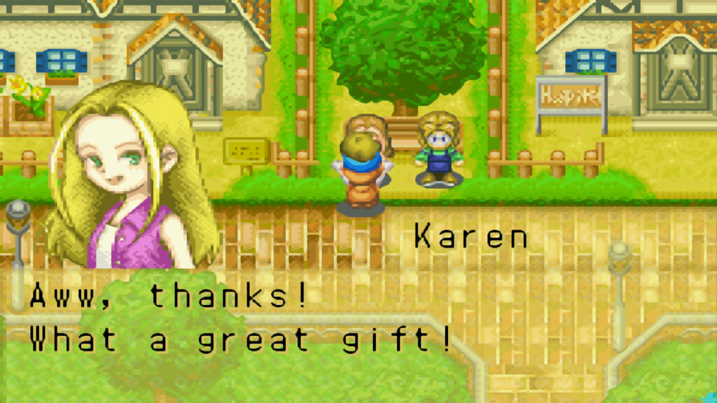 Giving Karen a potato as a gift | Harvest Moon: Friends of Mineral Town