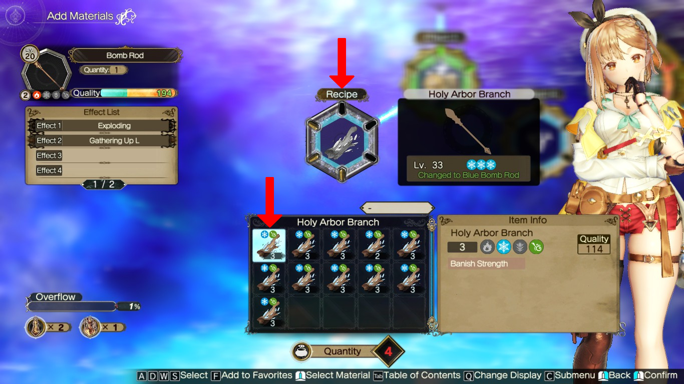 Inserting a Holy Arbor Branch in the Recipe loop to the bottom left | Atelier Ryza 2: Lost Legends & the Secret Fairy