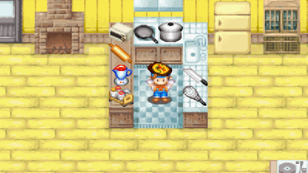 The player cooks fried noodles with turnips as an ingredient | Harvest Moon: Friends of Mineral Town