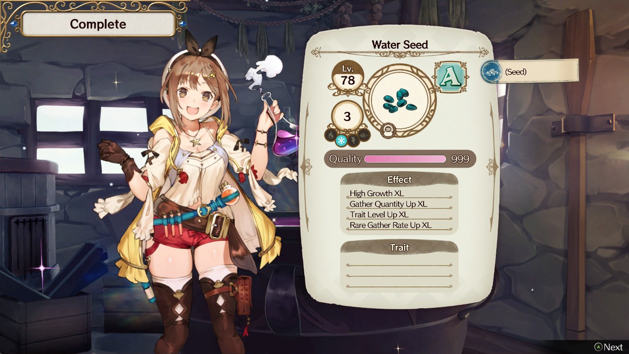 Water Seed with maximum quality and all four effects also maxed out | Atelier Ryza: Ever Darkness & the Secret Hideout