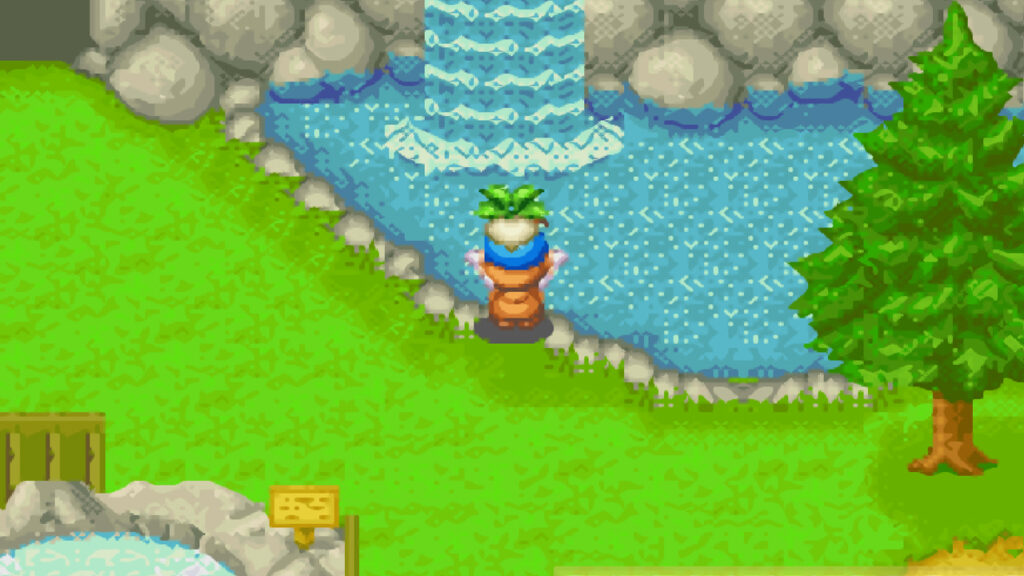 The player offers a turnip at the Harvest Goddess’s pond | Harvest Moon: Friends of Mineral Town