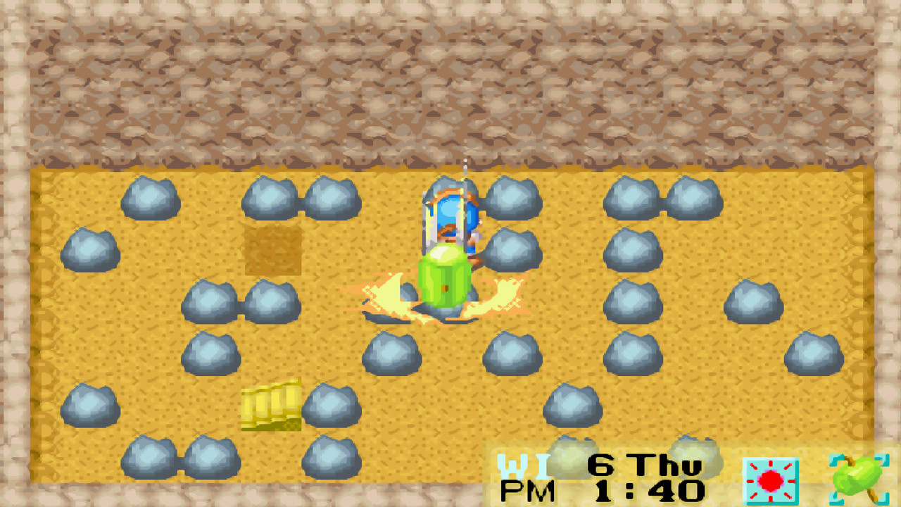 Breaking rocks with the hammer will sometimes reveal random ores | Harvest Moon: Friends of Mineral Town