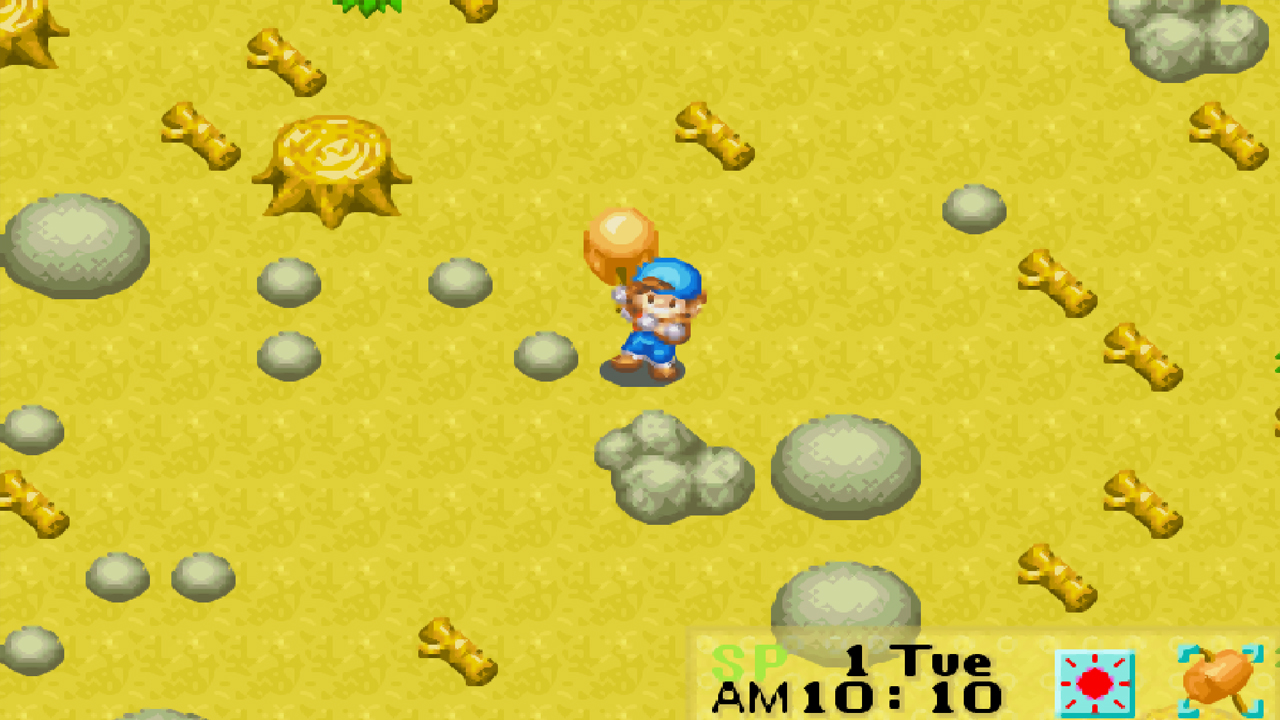 Using the blessed hammer to break boulders | Harvest Moon: Friends of Mineral Town