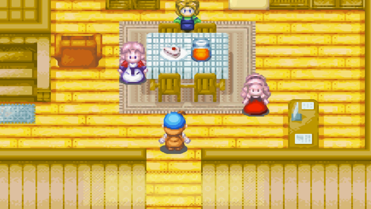 The player visits Popuri to have dinner with her family | Harvest Moon: Friends of Mineral Town