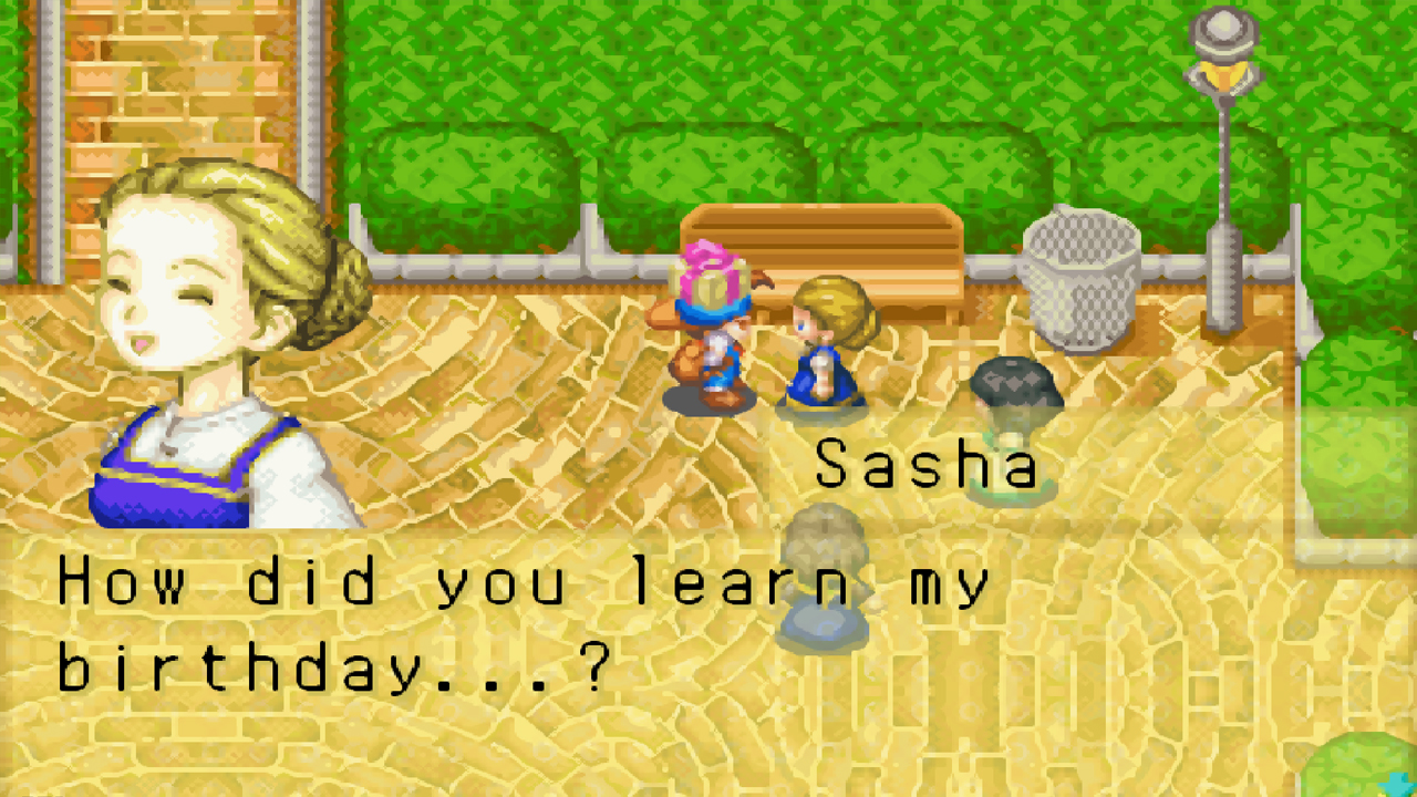 The player gives Sasha a birthday gift | Harvest Moon: Friends of Mineral Town
