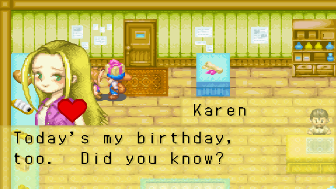 The player gives Karen a birthday gift | Harvest Moon: Friends of Mineral Town