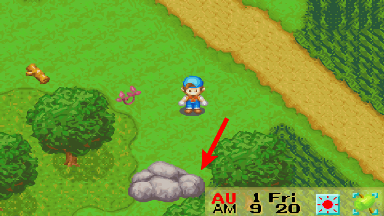 Location of the boulder blocking the hidden path | Harvest Moon: Friends of Mineral Town