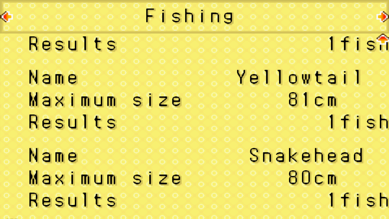 View of the fishing tab in the start menu | Harvest Moon: Friends of Mineral Town