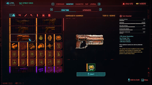Weapon in the crafting menu | Cyberpunk 2077