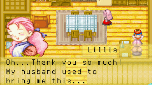 The player gives Lillia a tomato as a gift | Harvest Moon: Friends of Mineral Town