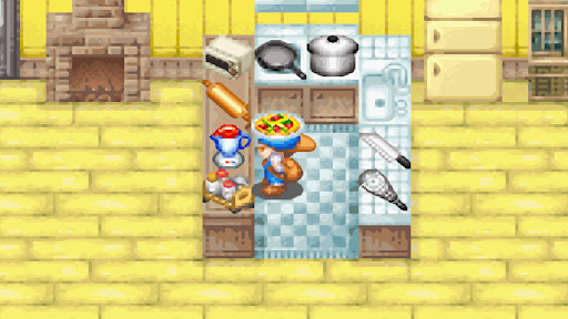 The player cooks pizza with tomatoes as an ingredient | Harvest Moon: Friends of Mineral Town