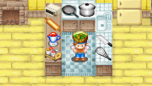 The player cooks a pumpkin stew, one of the two pumpkin recipes you can make | Harvest Moon: Friends of Mineral Town