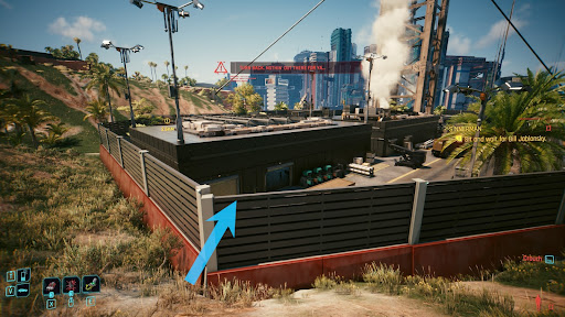 Image of where you can jump over the wall from a 1st person perspective | Cyberpunk 2077