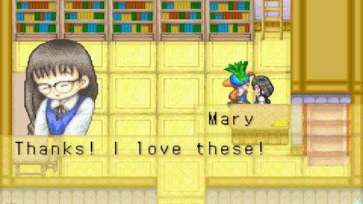 The player gives Mary spinach as a gift | Harvest Moon: Friends of Mineral Town
