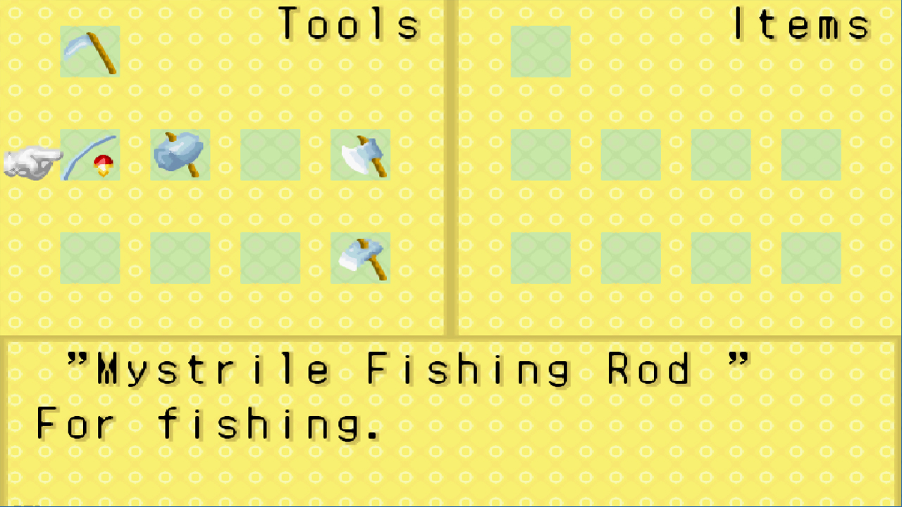 A fishing rod upgraded to the mystrile level  | Harvest Moon: Friends of Mineral Town