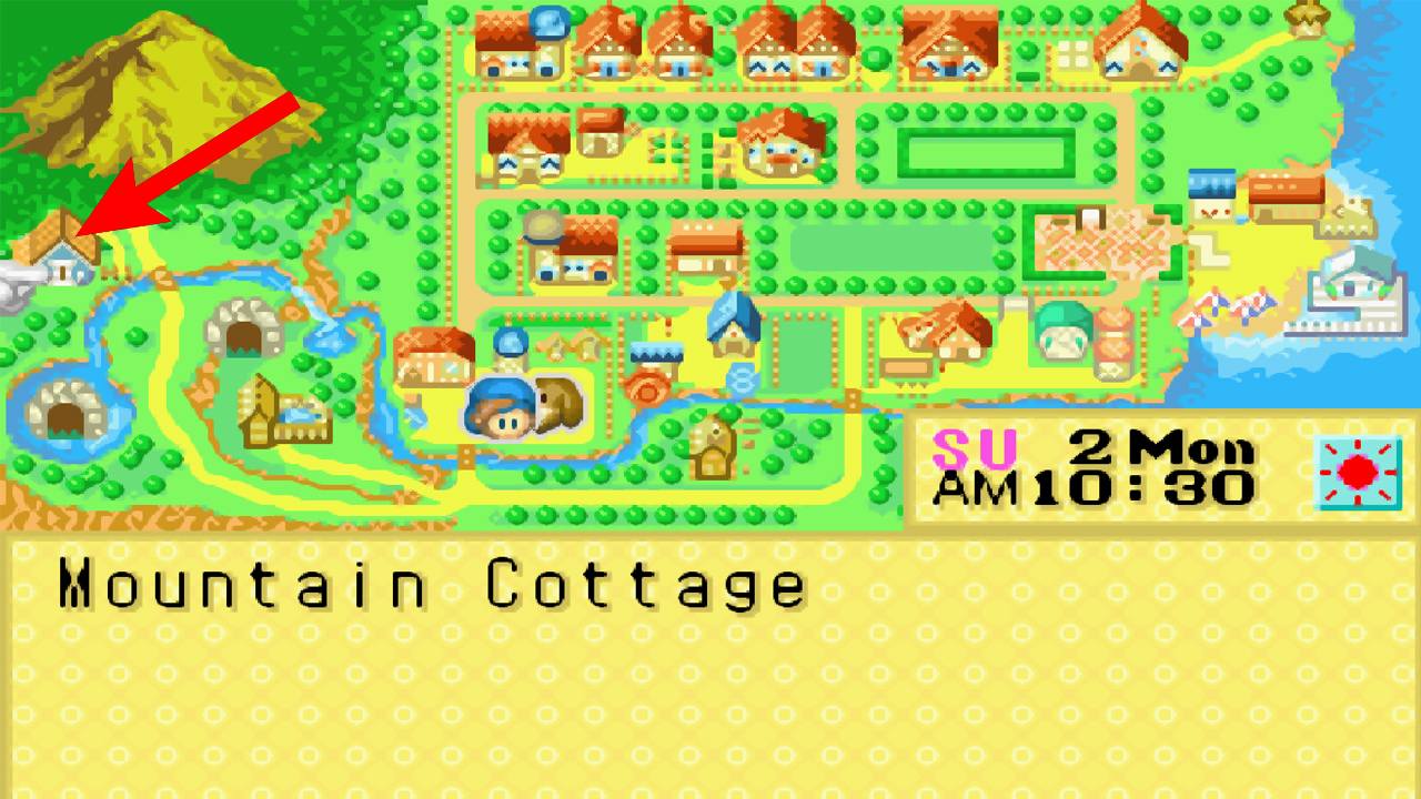 The mountain cottage’s location on the world map | Harvest Moon: Friends of Mineral Town
