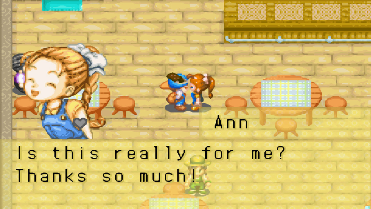 Ann is delighted to receive chocolates, one of her loved gifts | Harvest Moon: Friends of Mineral Town