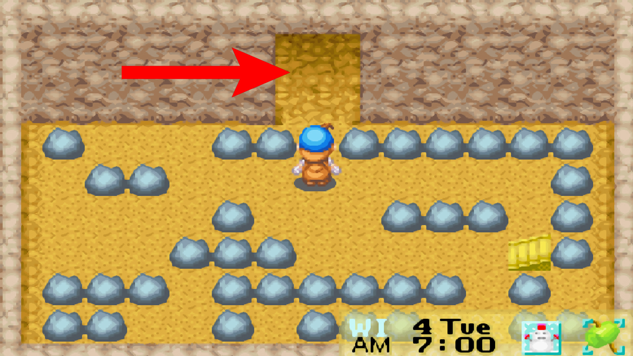 Location of the entrance to the underground pond | Harvest Moon: Friends of Mineral Town