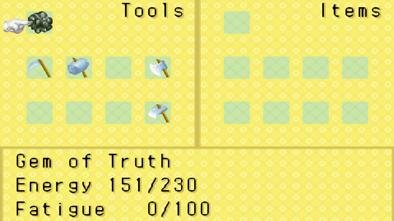 The Gem of Truth showing the player’s stamina and fatigue levels | Harvest Moon: Friends of Mineral Town