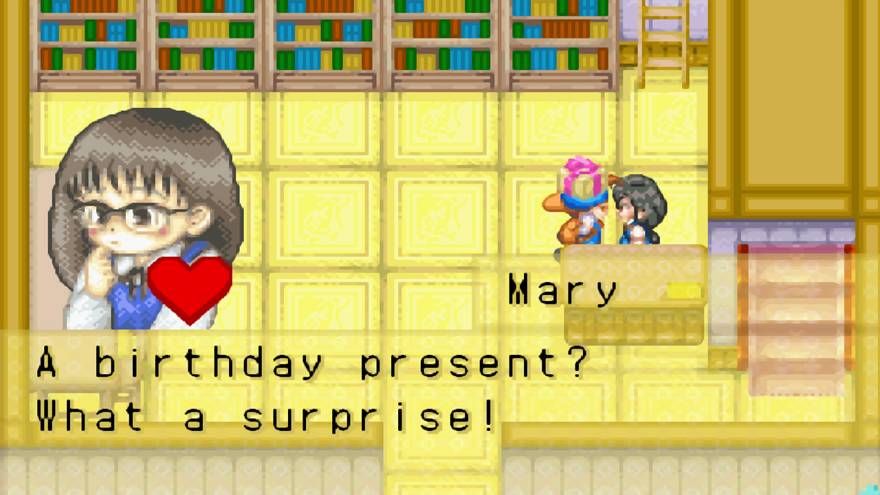 Giving Mary a present on her birthday | Harvest Moon: Friends of Mineral Town