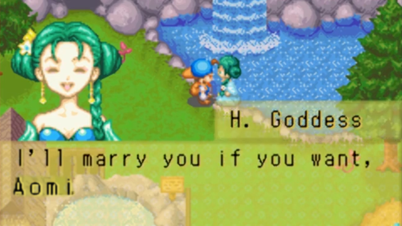 The Harvest Goddess accepts the player’s marriage proposal | Harvest Moon: Friends of Mineral Town