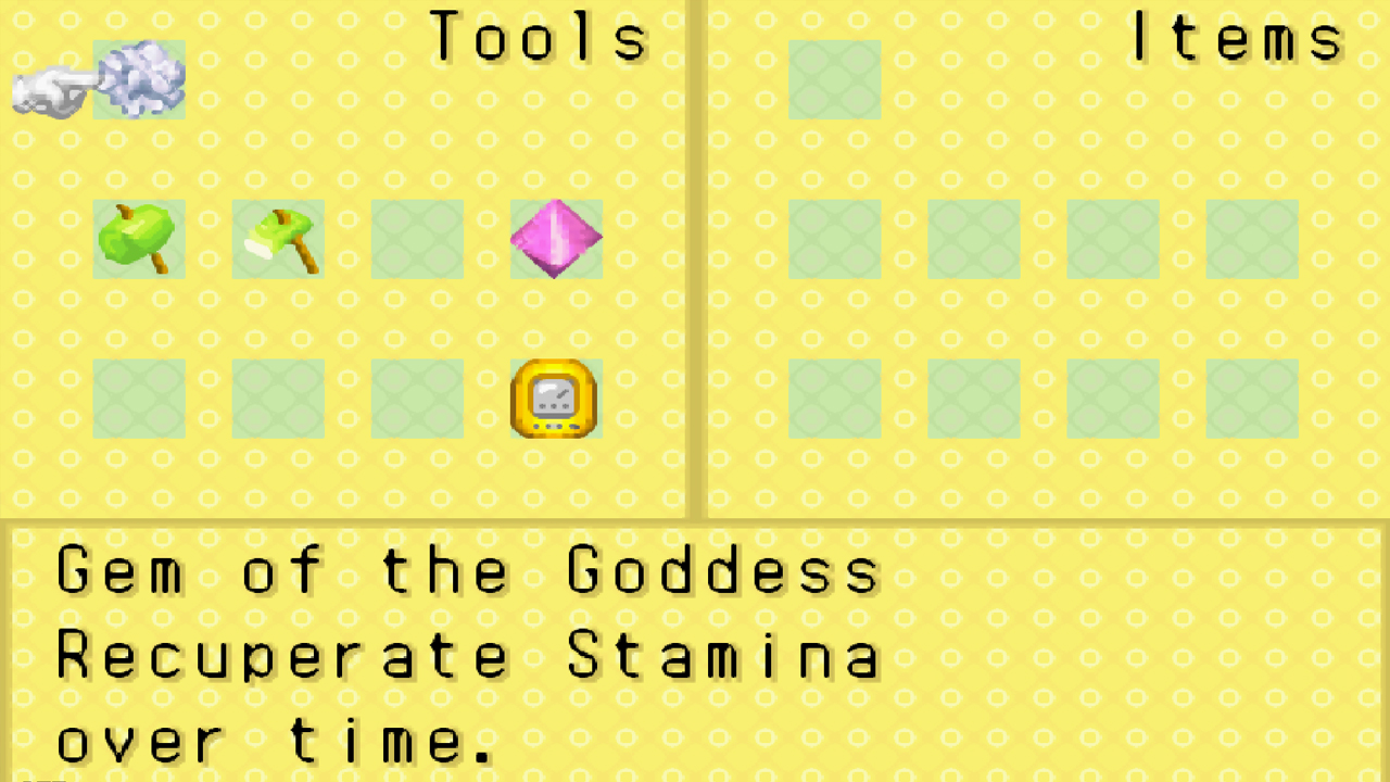 The Gem of the Goddess recovers stamina over time | Harvest Moon: Friends of Mineral Town