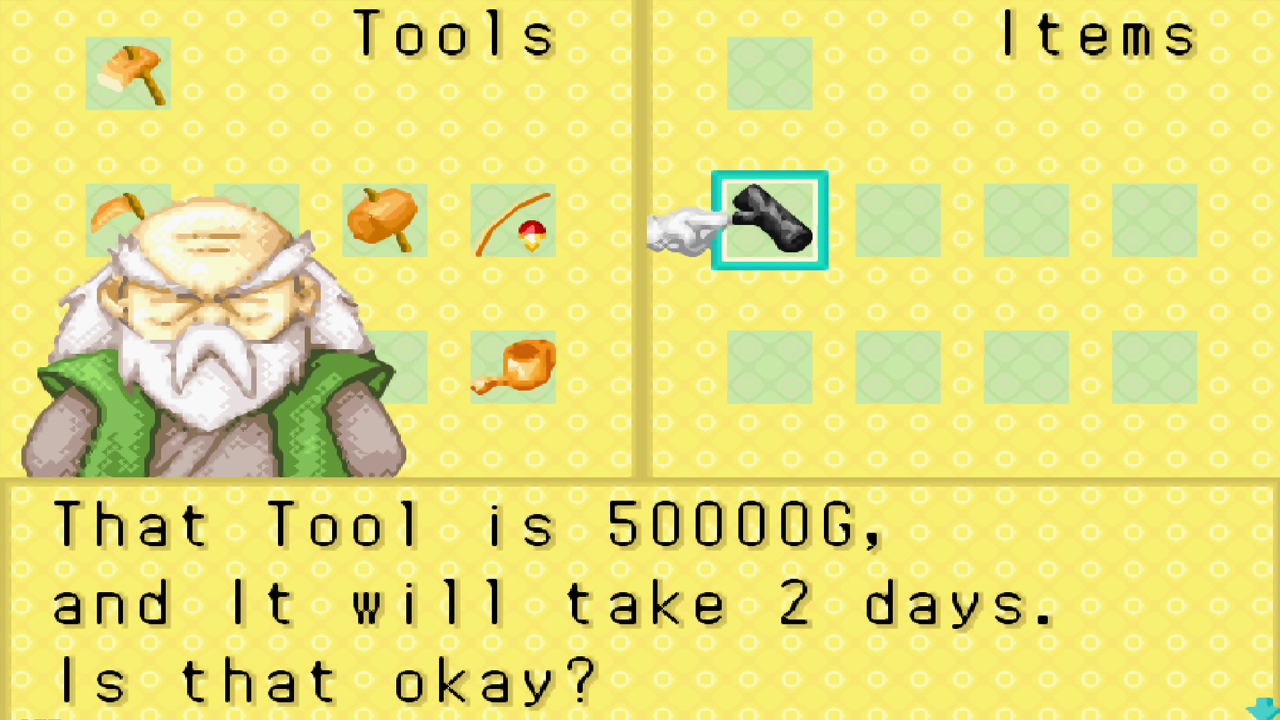 Upgrading a tool to mythic | Harvest Moon: Friends of Mineral Town