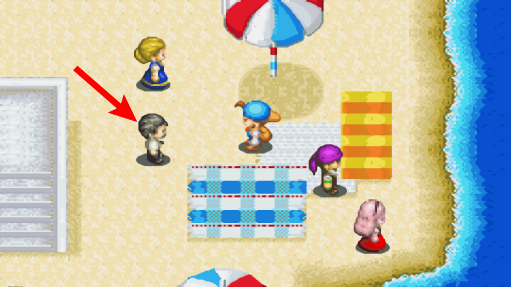 Jeff is preparing to watch the Frisbee Contest at the beach | Harvest Moon: Friends of Mineral Town