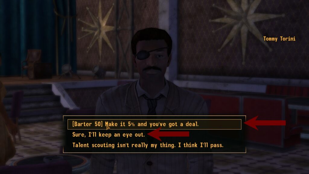 Either the [Barter 50] check, or “Sure, I’ll keep an eye out.” | Fallout: New Vegas