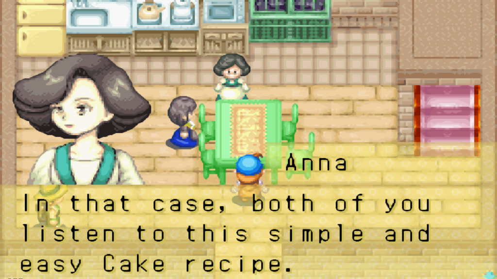 The player receives a cooking lesson from Anna | Harvest Moon: Friends of Mineral Town
