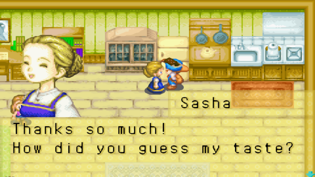 Sasha’s favorite gifts are sweets and desserts | Harvest Moon: Friends of Mineral Town