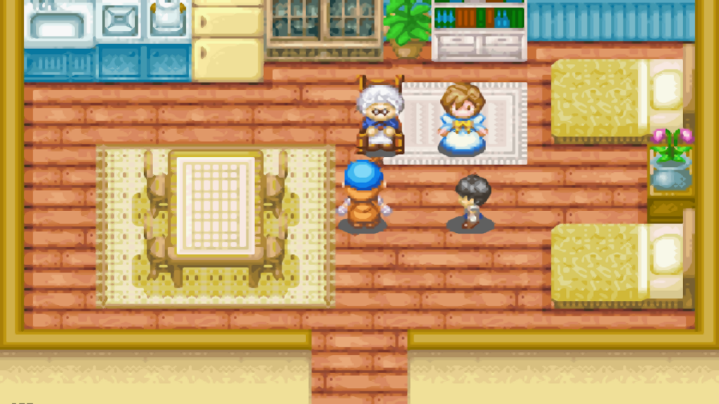 Stu, Elli, and Ellen gathered inside her house during one of her events | Harvest Moon: Friends of Mineral Town