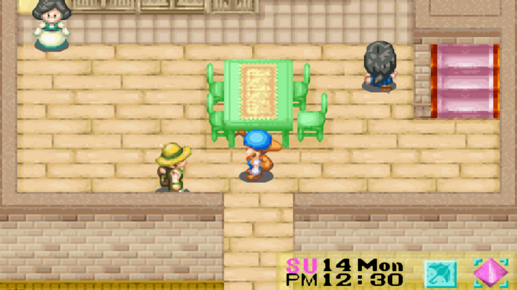 Basil and his family inside their house | Harvest Moon: Friends of Mineral Town