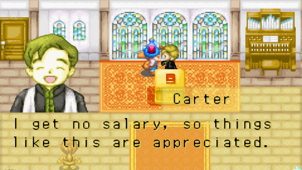 Carter receives a bottle of wine as a gift | Harvest Moon: Friends of Mineral Town