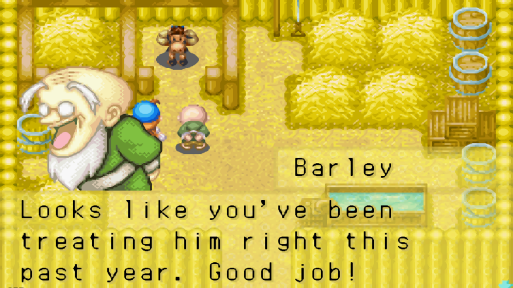 Barley is amused that you’ve taken care of his horse | Harvest Moon: Friends of Mineral Town