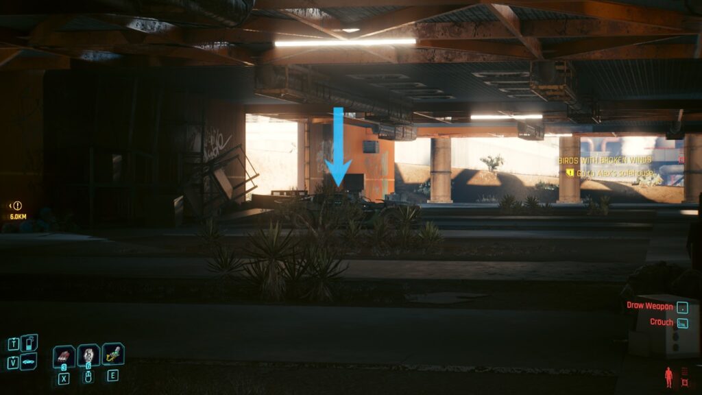 Car in the middle of the warehouse. Zoomed in using the Kiroshi ocular implant | Cyberpunk 2077